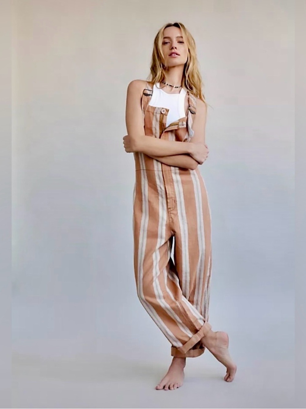 Free People Tan & Cream Striped Wide-Leg Jumpsuit